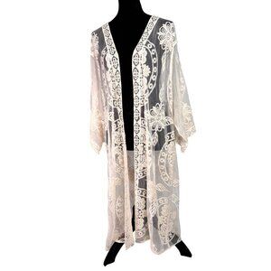 Vintage-Inspired Sheer White Floral Embroidered Kimono Cardigan XXL-XXXL